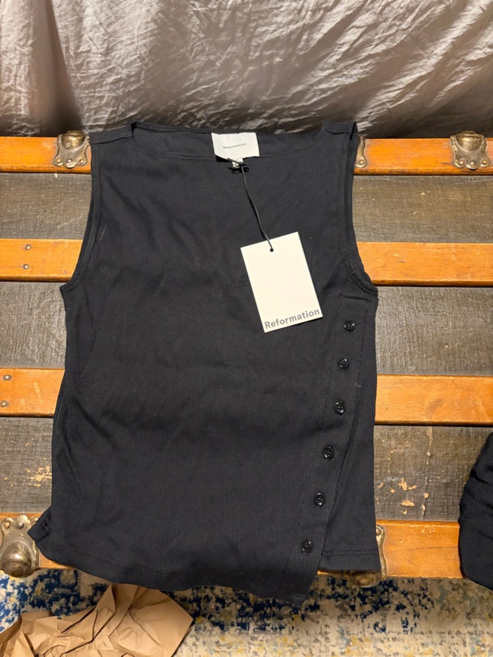 Reformation Black Ribbed Tank with Side Button Detail